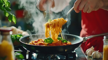 A close-up of hands skillfully twirling steaming spaghetti in a frying pan, garnished with fresh basil, on a vibrant kitchen counter with a rich array of ingredients in the background