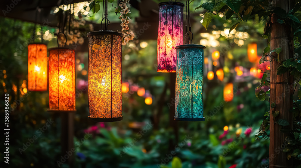 Poster colorful garden with many lights hanging from the trees. the lights are of different colors and size
