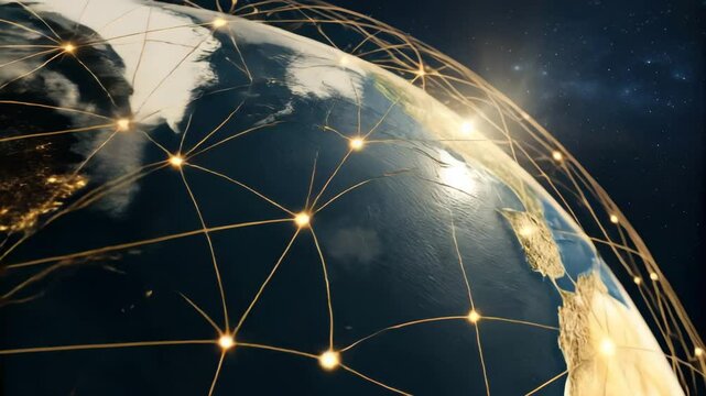 Network of glowing connections around the Earth at night.

