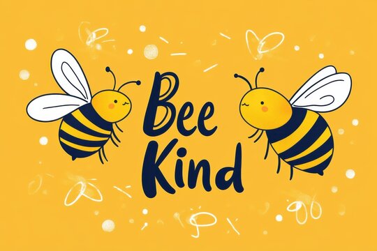 Two cartoon bees with bee kind text on a yellow background with white heart and dot decorations