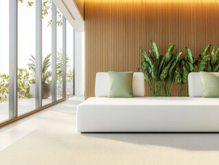 Modern minimalistic interior with natural light and greenery in cozy living room