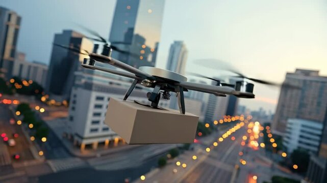 Drone delivering package over modern cityscape at dusk.

