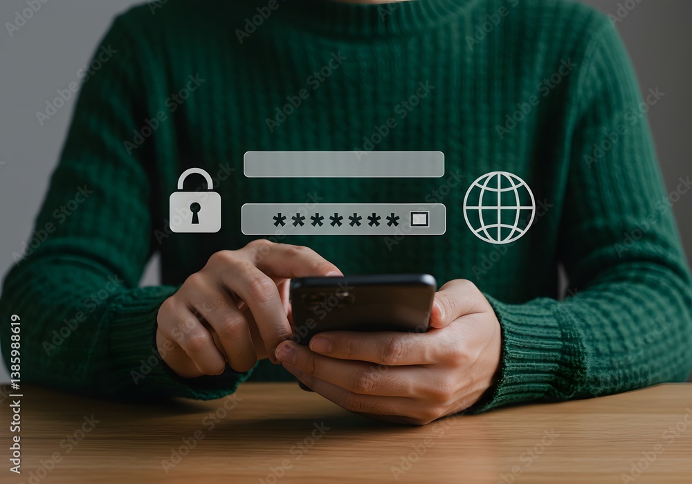 Poster secure login on mobile phone password protected account, internet security, global access, digital p