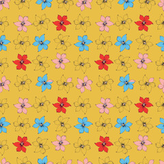Seamless floral pattern, cute ditsy print with simple decorative plants. Pretty botanical surface design: small hand drawn flowers, leaves, colorful meadow on a blue background. Vector illustration