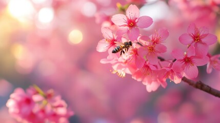Fototapeta premium Honeybee collecting pollen from vibrant pink cherry blossoms in spring sunlight a serene and enchanting scene of nature's beauty and pollination