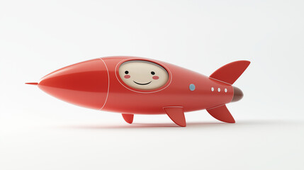Fototapeta premium Cute 3D cartoon red rocket ship with a happy face on the cockpit window. A minimalist space travel character design.