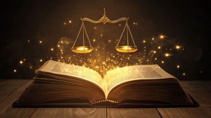 Golden Scales of Justice Emerging from Ancient Book