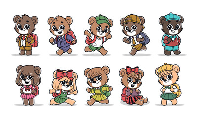 Bear school character vector illustration set