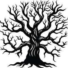 Silhouette of a Leafless Tree with Sprawling Branches Black Vector Illustration on White Background Symbolizing Winter Nature or Halloween Themes
