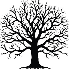 Silhouette of a large leafless tree with twisted and spreading branches black vector illustration representing nature winter or eerie themes on a plain white background