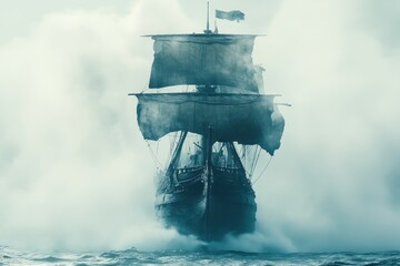 Historic ship in misty sea; sailing