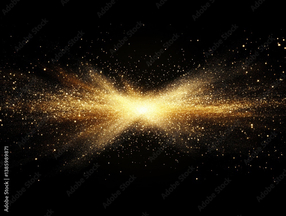Poster golden explosion of shimmering particles on a black background creating a celestial galaxy of light 