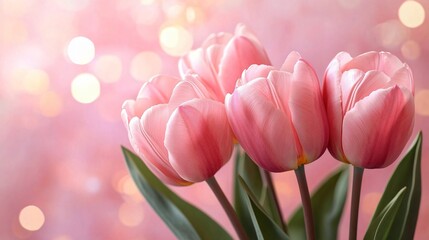 Obraz premium A close-up of four pink tulips captures the essence of spring, perfect for Mother's Day, Valentine's Day, or Easter celebrations with its romantic and serene vibe.