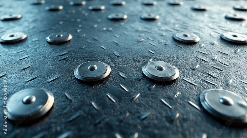 Poster metallic plate with circular studs. close-up view of a patterned surface with numerous round metal s