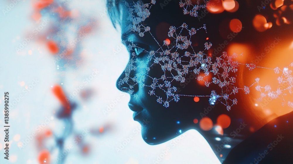 Aufkleber close-up of scientist working in biotech lab with molecular graphics