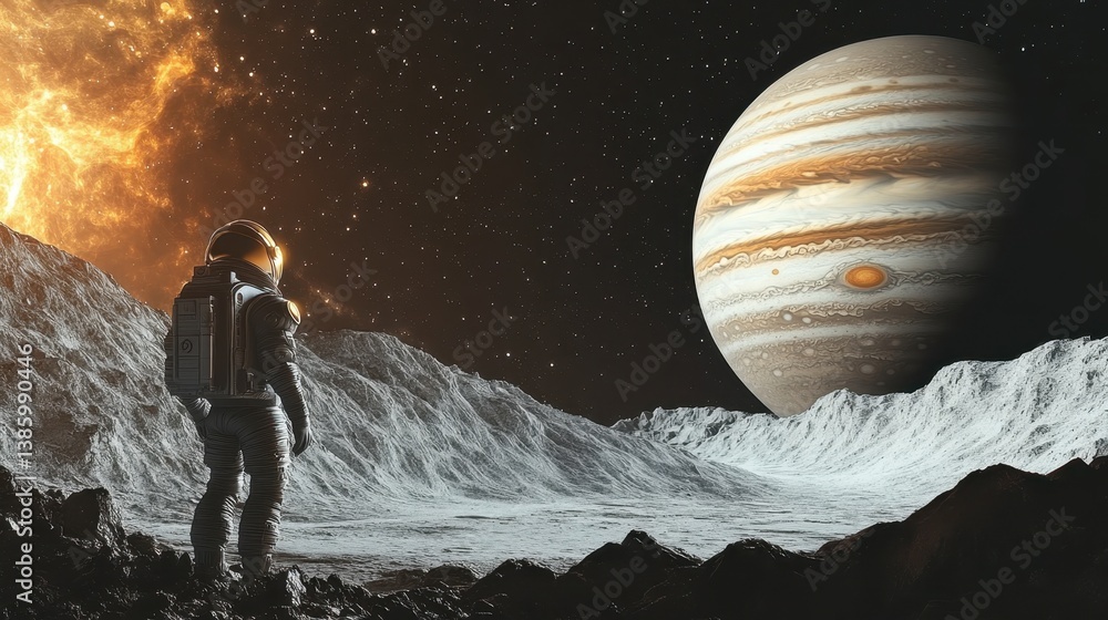 Poster giant planet jupiter surrounded by asteroids in a colorful cosmic backdrop
