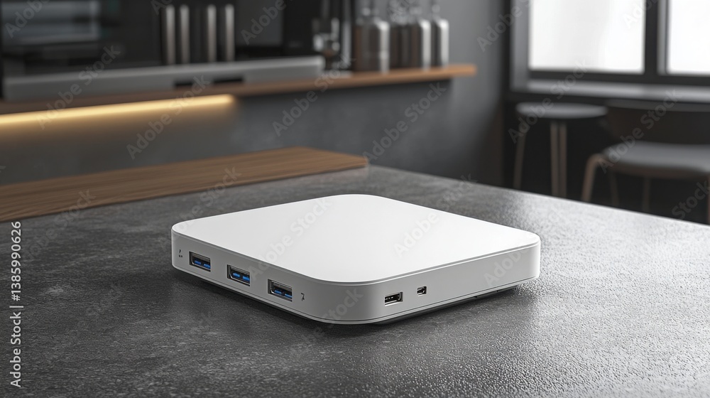 Poster sleek white device positioned on a table representing an eco data hub device for sustainable informa