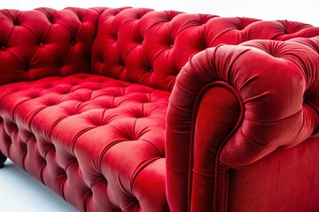 Obraz premium Red Velvet Sofa Isolated, Macro Photography Detail, White Background, Furniture Texture