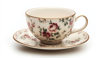 A vintage-style porcelain teacup and saucer with a floral pattern, placed on a white background