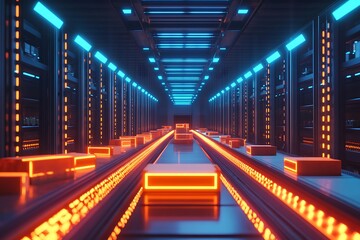 Naklejka premium Futuristic Automated Warehouse – Neon Packages on Conveyor Belt with LED Lighting