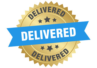 delivered. delivered round blue and gold label isolated on transparent background