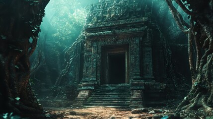 Ancient temple ruins emerge from dense jungle, revealing intricate carvings and glowing doorway in a mystical rainforest setting