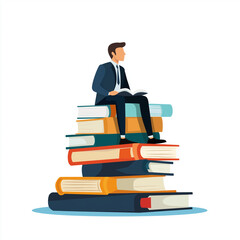 Flat vector illustration of a businessman reading a book while sitting on a tall stack of books, portraying professional learning.