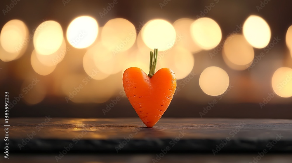 Poster a heart-shaped orange carrot with a green top placed on a dark surface, illuminated by warm bokeh li