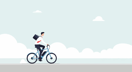 Fototapeta premium A man on a bicycle rides along a road with fluffy white clouds in a blue sky. Clean, simple composition, ideal for travel, delivery, or lifestyle concepts.