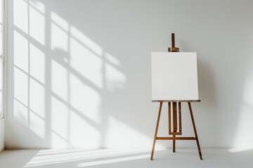 Brightly lit blank canvas on a wooden easel in a white room, perfect for artistic presentation, creativity, mockups, or interior visualization.