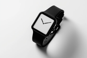 Stylized minimalist digital watch with blank square face and black strap on a light background &mdash; ideal for branding, mockups, or tech UI designs.