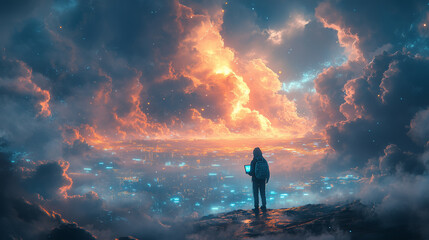 Cyberpunk-style futuristic cityscape with glowing clouds, digital skyscrapers, and two hooded hackers using laptops &mdash; concept of cybersecurity, data cloud, and sci-fi metaverse.