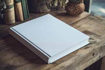 Blank white hardcover book resting on a rustic wooden table, surrounded by books and natural decor — perfect for editorial or print mockups.