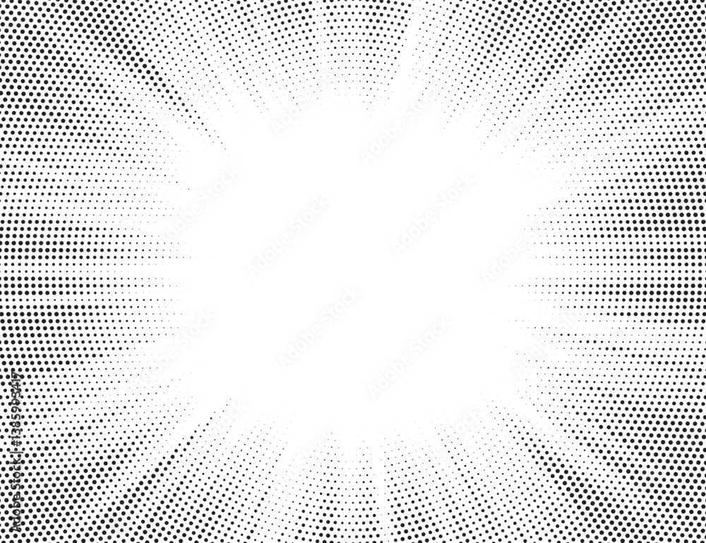 Poster Halftone gradient sun rays pattern. abstract halftone vector dots background. monochrome dots pattern. pop art, comic small dots. star rays halftone poster. shine, explosion. sunrise rays background.