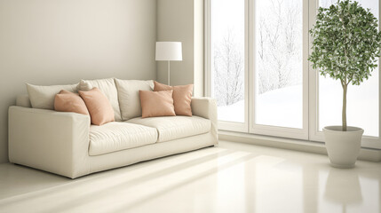 Fototapeta premium Cozy living room with a classic sofa and large windows during winter