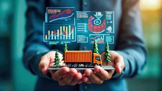Logistics and supply chain analytics with hands holding orange truck, container, and trees. Transportation dashboard with freight metrics, kpi charts, and performance data visualization.