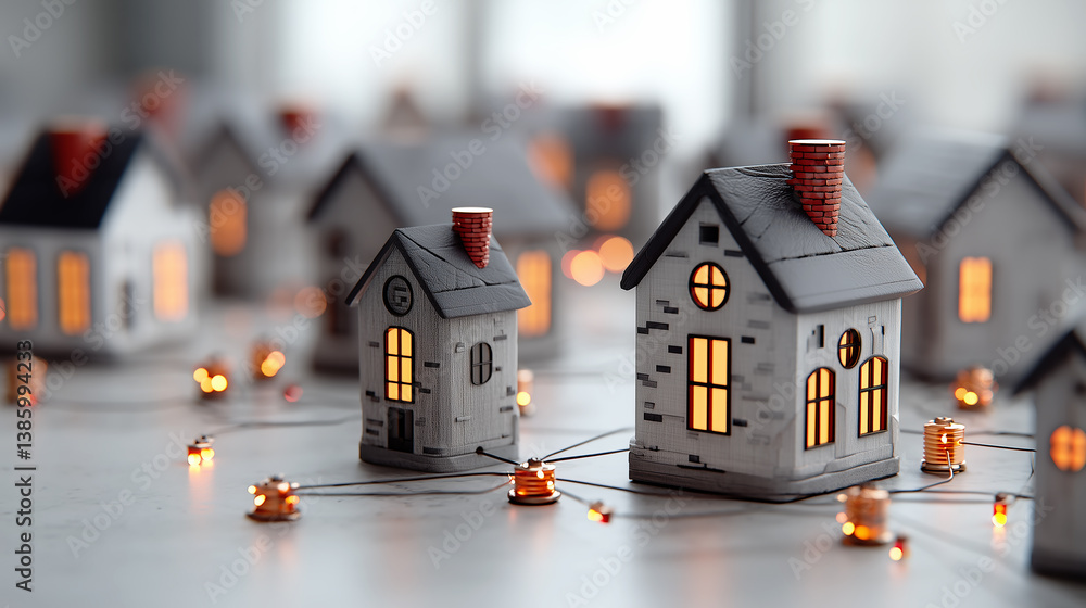 Poster smart home and community concept depicted with miniature model houses interconnected by a glowing ne
