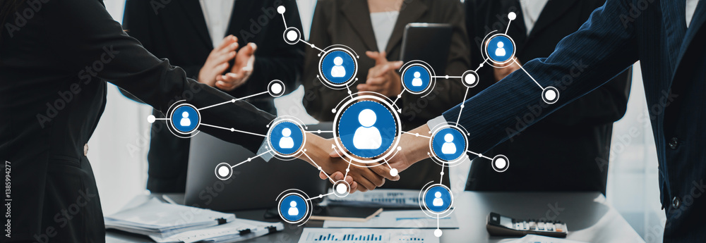 Poster professional networking illustration featuring business individuals engaging in collaboration and co