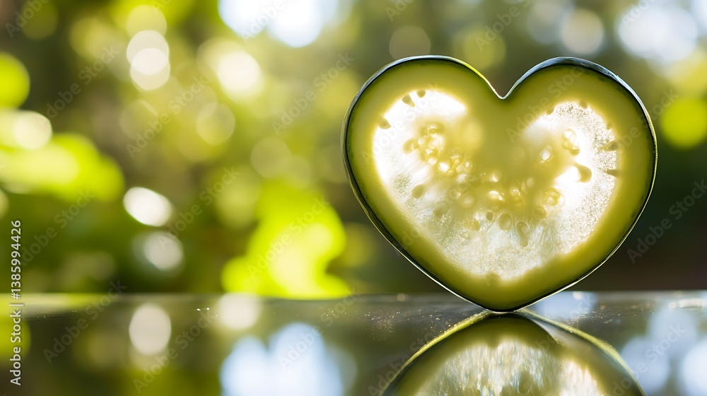 Poster a heart-shaped slice of cucumber with bright sunlight illuminating its texture, set against a blurre