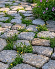 Serene stone path with vibrant wildflowers and lush green foliage creating a tranquil garden scene