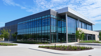 A smart glass panel system, modern building exterior with self-tinting glass panels, Tech style