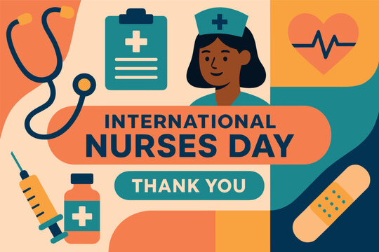 International nurses day celebration design with medical icons and thank you message