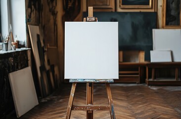 Blank canvas on easel in dilapidated old room with peeling walls and wooden floor, natural light from left window, vintage melancholic atmosphere.