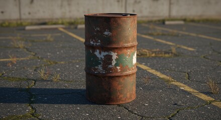 Naklejka premium Rusty oil barrel stands in the middle of a cracked asphalt parking lot, featuring peeling paint and signs of wear