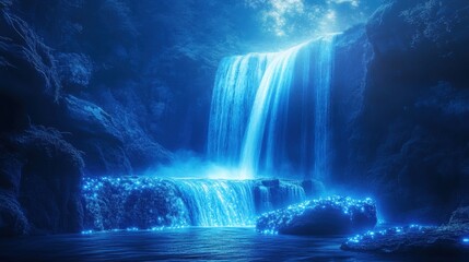 Serene waterfall cascading down vibrant rocks illuminated by magical glow at twilight