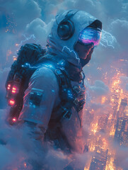 Cyberpunk explorer in high-tech gear with glowing visor stands above a futuristic city in the clouds &mdash; concept art for metaverse, VR, and digital future.