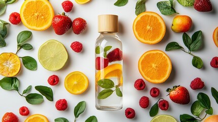 A stylish glass water bottle with a bamboo cap, placed on a white background with fresh fruits surrounding it