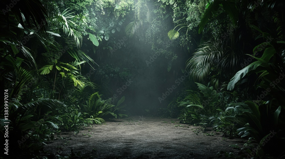 Poster lush tropical jungle path illuminated by soft sunlight creating an immersive and mysterious atmosphe