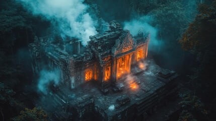 Fototapeta premium Ancient stone structure illuminated by mysterious symbols in a dense jungle landscape during twilight hours