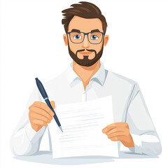 Clean vector of a young businessman signing or presenting documents — symbol of professionalism, confidence, and contract signing.